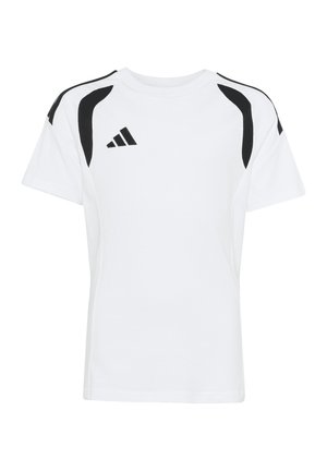 Weißes Sportshirt mit kurzen Ärmeln, schwarzen Schulterakzenten und kleinem schwarzem Adidas-Logo auf der oberen linken Brust.