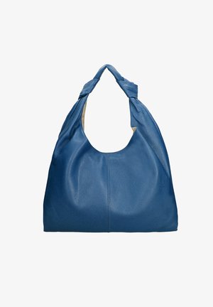 Blauwe lederen hobo tas met een gestructureerde afwerking, voorzien van een geknoopte schouderband en een ruime open bovenkant. Het interieur is licht van kleur.