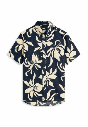 Kort mouwoverhemd in marineblauw met grote beige tropische bloemenprint en een klein Tommy Hilfiger-logo op de borstzak.