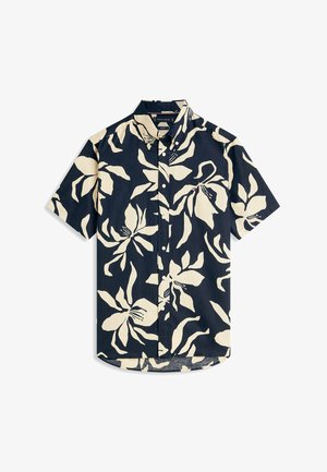 Kort mouwoverhemd in marineblauw met grote beige tropische bloemenprint en een klein Tommy Hilfiger-logo op de borstzak.