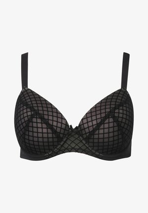 Czarny stanik z siateczkowym pokryciem w kratkę, z usztywnianymi miseczkami i regulowanymi ramiączkami. Detal w postaci kokardki na środku dodaje delikatnego akcentu.