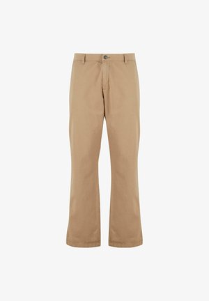 Beige bomuldsbukser med lige pasform, der har knaplukning, forlommer og en glat tekstur.
