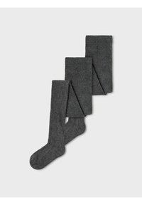 Mørkegrå ribbestrikkede sokker vist i en foldet ordning, med en glatt tekstur og et klassisk design som passer til ulike anledninger.