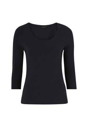 Schwarzes langärmliges Oberteil aus weichem Baumwollmaterial. Hat einen runden Ausschnitt und eine figurbetonte Silhouette, mit glatter Textur und ohne Muster oder Akzente.