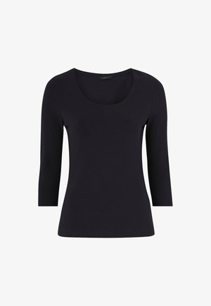 Schwarzes langärmliges Oberteil aus weichem Baumwollmaterial. Hat einen runden Ausschnitt und eine figurbetonte Silhouette, mit glatter Textur und ohne Muster oder Akzente.