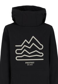 Schwarzer Pullover mit hohem, gefaltetem Kragen und einer großen, hellgrauen Berggrafik darunter der Text "PROTEST EST. IXIII".