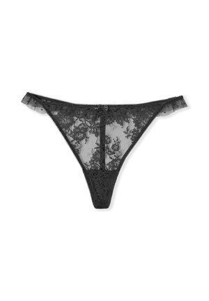 Perizoma nero in pizzo con motivi floreali e tessuto in mesh trasparente, caratterizzato da piccoli bordi arricciati sui lati.