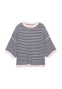 Stripet sweater i marineblå og lyserød. Har korte, vide ærmer, rund hals og et blødt, struktureret strikdesign.