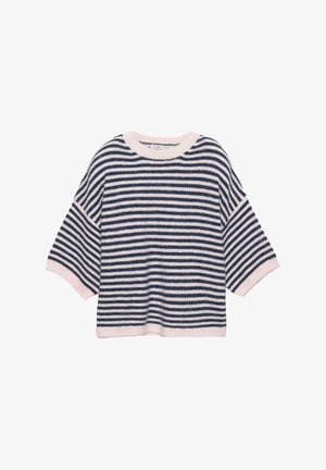 Raitainen neulepaita laivastonsinisissä ja vaaleanpunaisissa sävyissä. Siinä on lyhyet, leveät hihat, pyöreä pääntie ja pehmeä, teksturoitu neulekuvio.