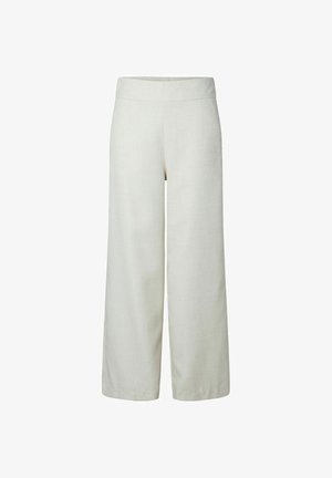 Højttaljede, vidde linnedbukser i lysebeige med en glat talje og uden synlige lukninger eller lommer.