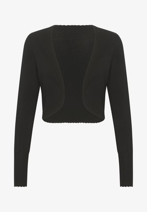 Cardigan noir court avec manches longues, fabriqué en tissu tricoté doux. Présente un col et un ourlet festonnés, avec une ouverture frontale en forme de V.