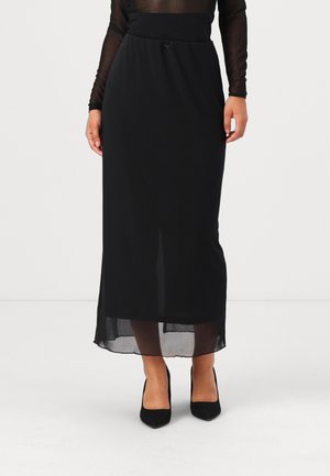 Zwarte maxi rok van lichtgewicht stof, met een gladde tailleband en een halflange doorschijnende overlay met een midden split voor bewegingsvrijheid.