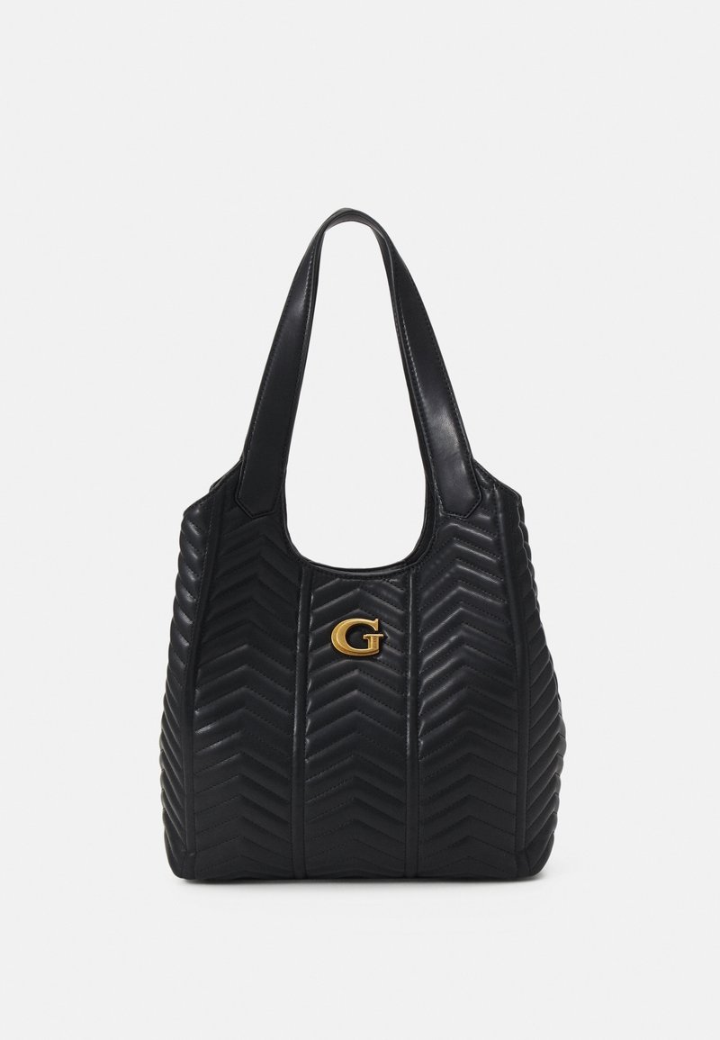 Sac d'épaule en cuir noir avec surpiqûres en chevrons, larges bretelles et un logo "G" doré centré à l'avant.