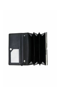 Portefeuille en cuir noir ouvert avec plusieurs compartiments en accordéon, poche zippée, emplacements pour cartes et fenêtre d’identification transparente sur fond blanc.