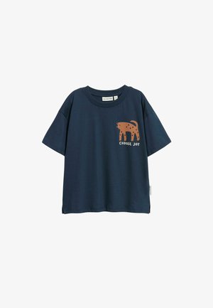 Marineblå bomuld T-shirt med korte ærmer og rund hals, med en brun leopardgrafik og teksten "VÆLG GLÆDE" i hvid.