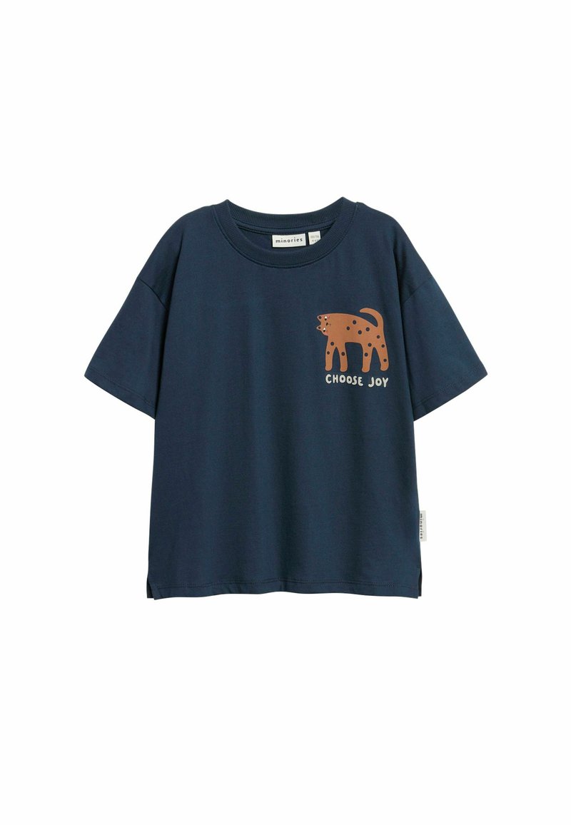 Marineblauw katoenen T-shirt met korte mouwen en een ronde hals, met een bruin luipaardafbeelding en de tekst "KIES VREUGDE" in het wit.
