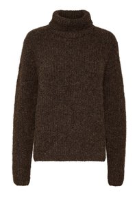 Pull à col roulé marron en matière duveteuse. Coupe ample avec manches longues et col côtelé, présentant une surface texturée et douce.