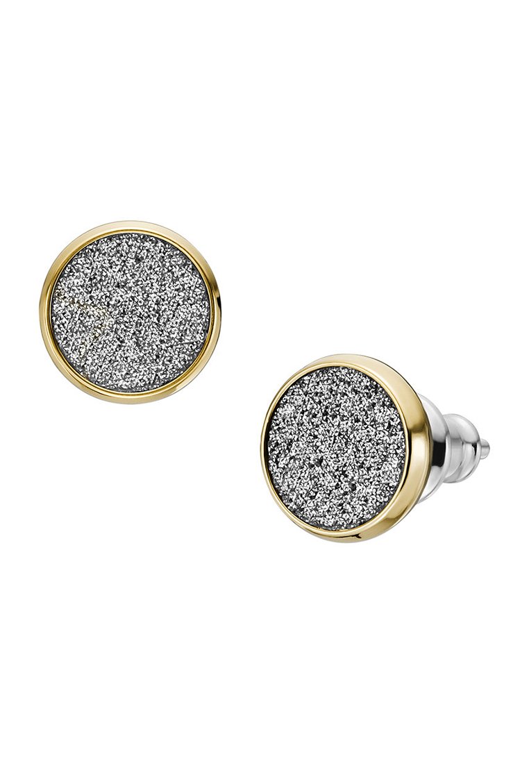 Boucles d'oreilles en argent avec une surface texturée et pailletée, entourées d'un bord en métal doré, poli pour une finition élégante.