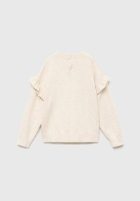 Krémový svetr s volánovými detaily na rukávech, kulatým výstřihem a třemi knoflíky na zadní straně. Měkká pletená textura, volný střih.