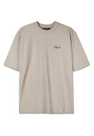 Beige cotton t-shirt with a relaxed fit, featuring a crew neckline and a small black logo on the left chest. Short sleeves.
