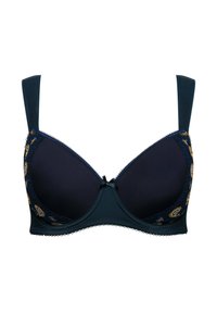 Lahti sininen rintaliivi, jossa on pehmustetut kupit, pitsireunus ja kultainen paisley-kuvio sivuilla. Varustettu säädettävillä olkaimilla ja keskellä kauniilla nauhakoristeella.