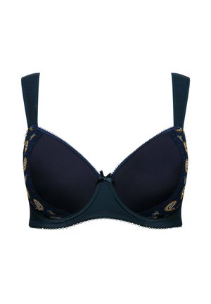 Dunkelblauer BH mit gepolsterten Cups, Spitzenbesatz und goldenem Paisleymuster an der Seite. Verfügt über verstellbare Träger und eine mittige Schleifenakzentuierung.