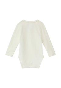 Babybody met lange mouwen in crèmekleurige katoen, uitgevoerd met een ronde hals, drukknoopsluiting aan de onderkant en een gladde textuur.