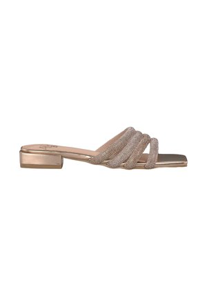Sandali slide aperti con colore rosa oro metallizzato, dotati di più cinturini testurizzati con una finitura liscia e un tacco basso a blocco.