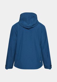Niebieska kurtka z kapturem, wykonana z teksturowanej tkaniny, o luźnym kroju, z elastycznymi mankietami i gładkim dekoltem. Brak widocznych logo lub wzorów.