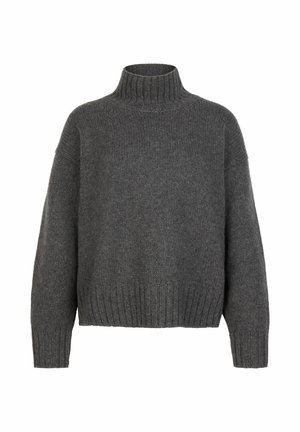 Mørkegrå strikket rullekrave-trøje med lange ærmer og ribstrikkede manchetter og kant på hvid baggrund.
