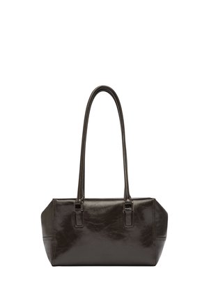 Schwarze rechteckige Ledertasche mit zwei langen dünnen Griffen und einer glatten, leicht glänzenden Oberfläche.