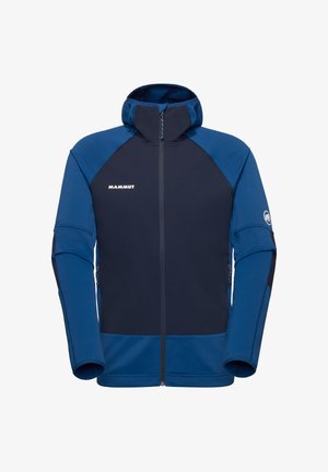 Giacca con cappuccio Mammut blu e blu scuro con cerniera, maniche lunghe e logo sul petto e sul braccio sinistro.