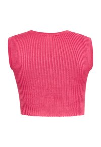 Csíkos, élénk rózsaszínű crop top, széles nyakkivágással és ujjatlan kivitelezéssel. A textúra sima, puha, rugalmas anyagból készült.