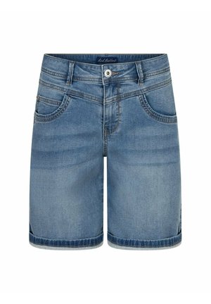 Blauwe denim korte broek tot op de knie met voorzakken, riemlussen, knoopsluiting en subtiele vervaging details.