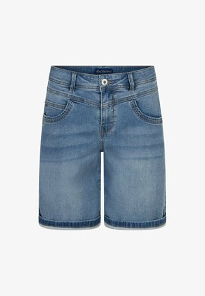 Blauwe denim korte broek tot op de knie met voorzakken, riemlussen, knoopsluiting en subtiele vervaging details.