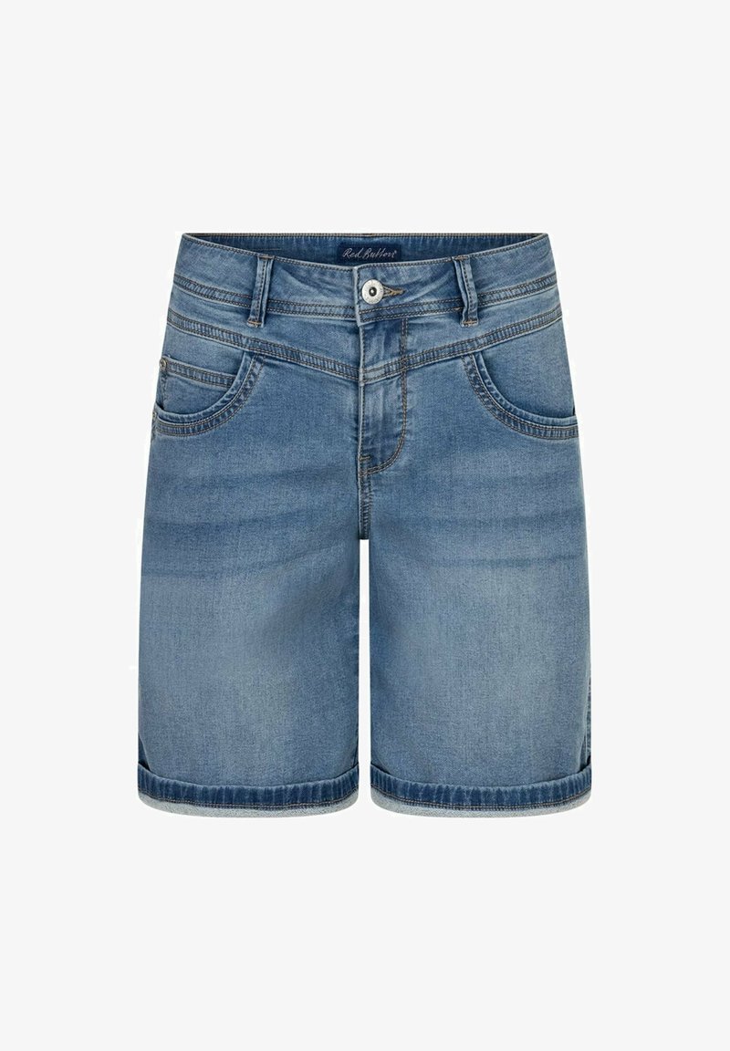 Blue denim knee-length shorts with front pockets, belt loops, button closure, and subtle fading details.