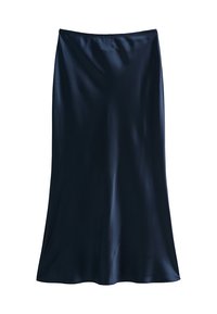 Jupe en satin marine avec une texture lisse et brillante, une silhouette évasée et une taille élastique. Pas de motifs ni de détails matériels visibles.