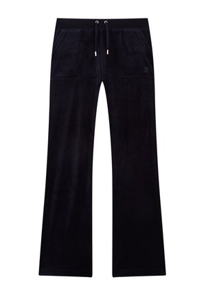 Flared, dark navy sweatpants made of soft velvet, featuring a drawstring waistband and two front pockets. Subtle logo on the left pocket.