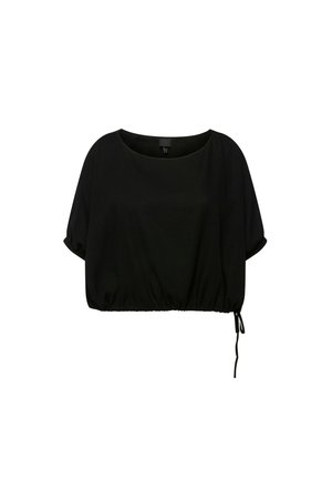 Top noir court avec un col rond, des manches courtes et un ourlet froncé. Présente des liens ajustables d'un côté pour un ajustement personnalisé.