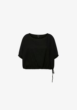 Schwarzes Cropped-Top mit Rundhalsausschnitt, kurzen Ärmeln und gerafftem Saum. Verfügt über verstellbare Bindebänder auf einer Seite für eine anpassbare Passform.