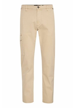 Beige cargo pants with a straight leg, made of durable cotton blend fabric. Features a side pocket, standard waistband, and button closure.