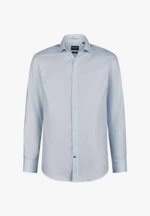 Hellblaues, baumwollenes Hemd mit glatter Textur, langen Ärmeln und abgerundetem Saum. Besitzt einen klassischen Kragen und weiße Knöpfe.