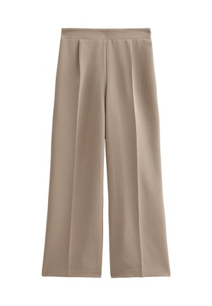 Beige wijdgelaten broek met een gladde textuur, voorzien van een hoge taille en geplooide details aan de voorkant. De stof lijkt lichtgewicht en valt soepel.