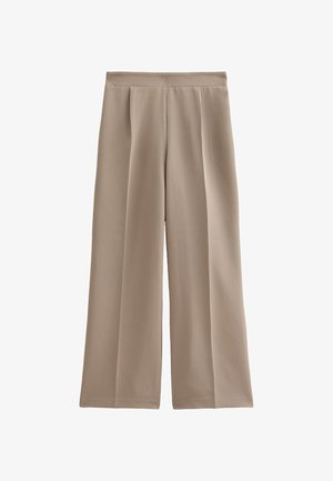 Pantalones de pierna ancha beige con una textura suave, que presentan una cintura alta y detalles de pliegues en la parte delantera. La tela parece ligera y se drapea suavemente.