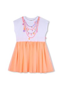 Φόρεμα με κοντό μανίκι, λευκό πάνω μέρος και πορτοκαλί τούλινη φούστα, με πολύχρωμη κεντητή διακόσμηση με θέμα κολιέ στο μπούστο.