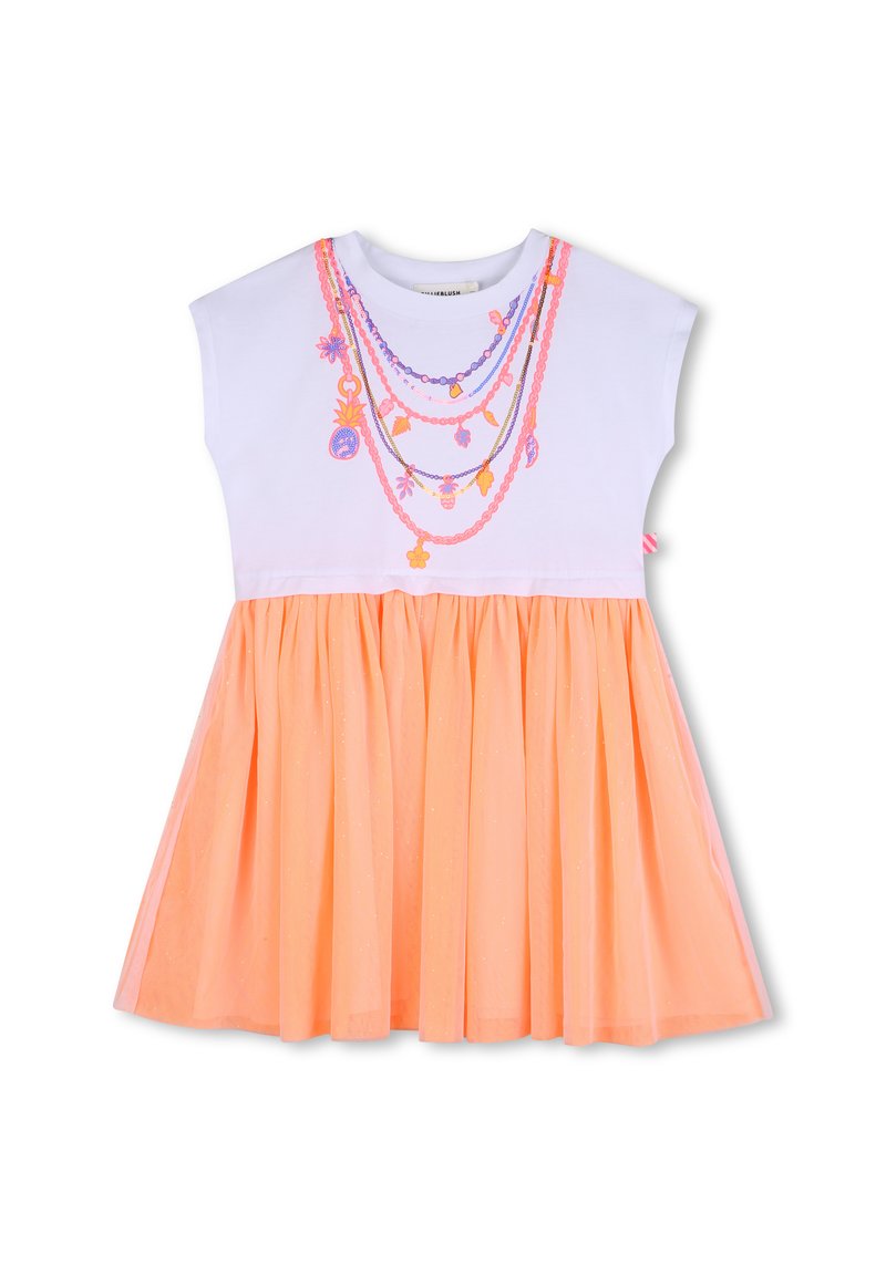 Φόρεμα με κοντό μανίκι, λευκό πάνω μέρος και πορτοκαλί τούλινη φούστα, με πολύχρωμη κεντητή διακόσμηση με θέμα κολιέ στο μπούστο.