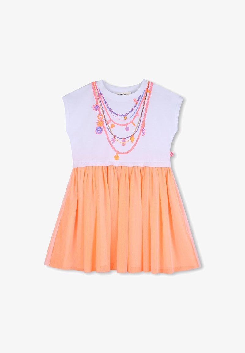 Φόρεμα με κοντό μανίκι, λευκό πάνω μέρος και πορτοκαλί τούλινη φούστα, με πολύχρωμη κεντητή διακόσμηση με θέμα κολιέ στο μπούστο.