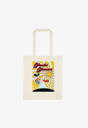 Płócienna torba z kolorową grafiką vintage Wonder Woman przedstawiającą ją lecącą na tle promieni słonecznych i czerwonym tekstem powyżej.