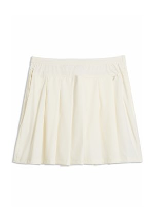 Jupe plissée blanche avec une ceinture et une petite poche zippée sur le côté droit, posée à plat sur un fond blanc.
