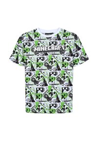 T-shirt grafico di Minecraft con una base bianca e design pixelati verdi, neri e grigi, e un prominente logo "MINECRAFT" sul davanti.